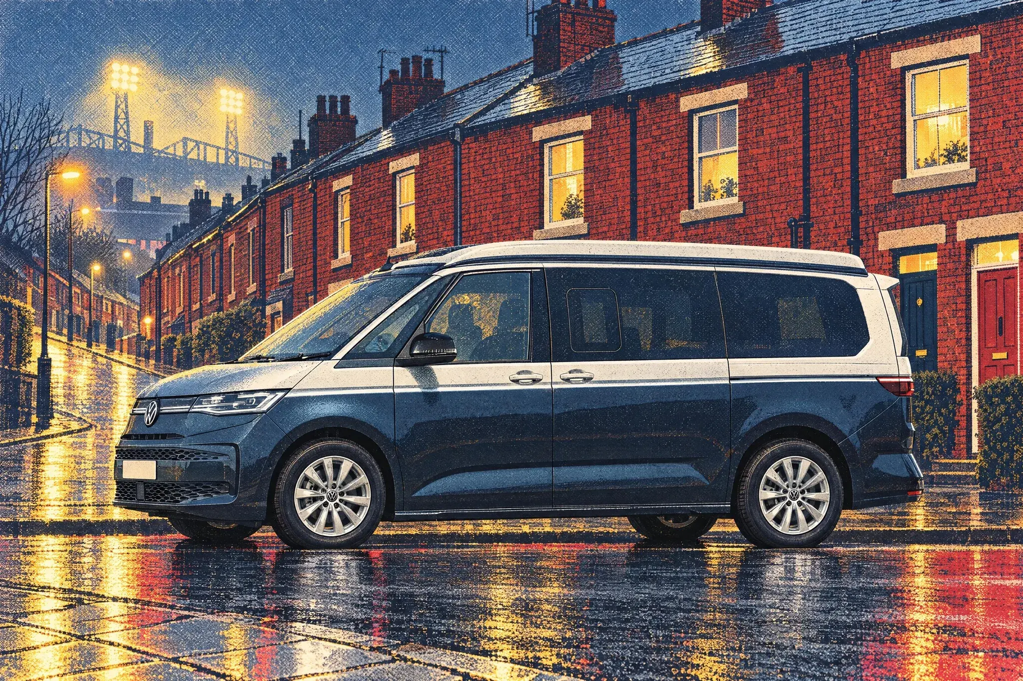 A showroom-clean VW California Ocean parked on a wet red-brick terraced street near Turf Moor, Burnley, at drizzly January dusk, floodlights glowing above the rooftops.
