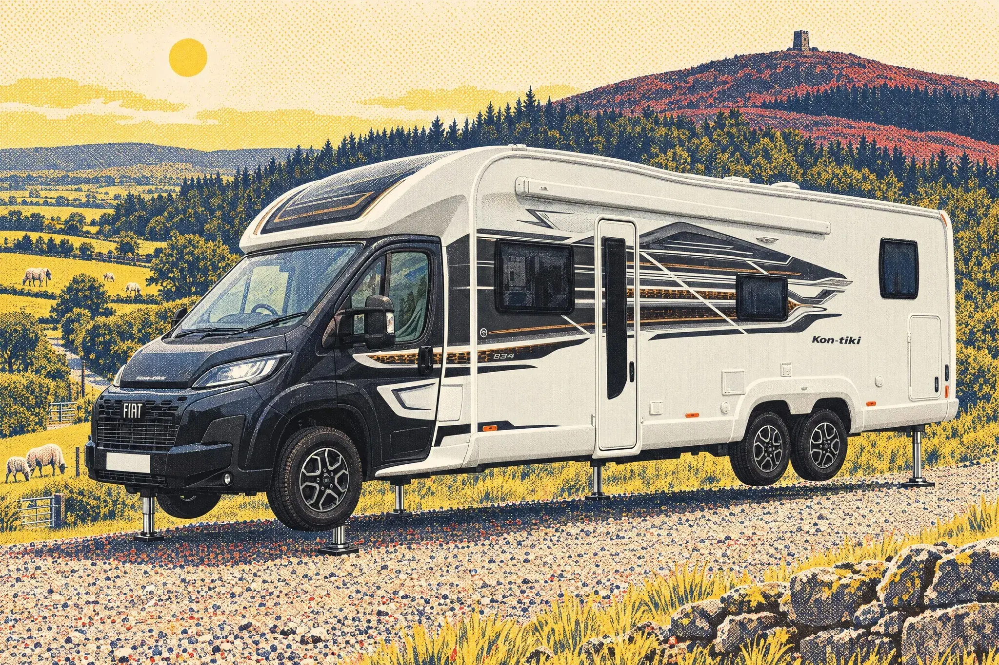 A Swift Kontiki motorhome stands dead level on extended hydraulic legs on a steep gravel pitch at a Clwydian hill farm, Moel Famau behind in hazy June sun.