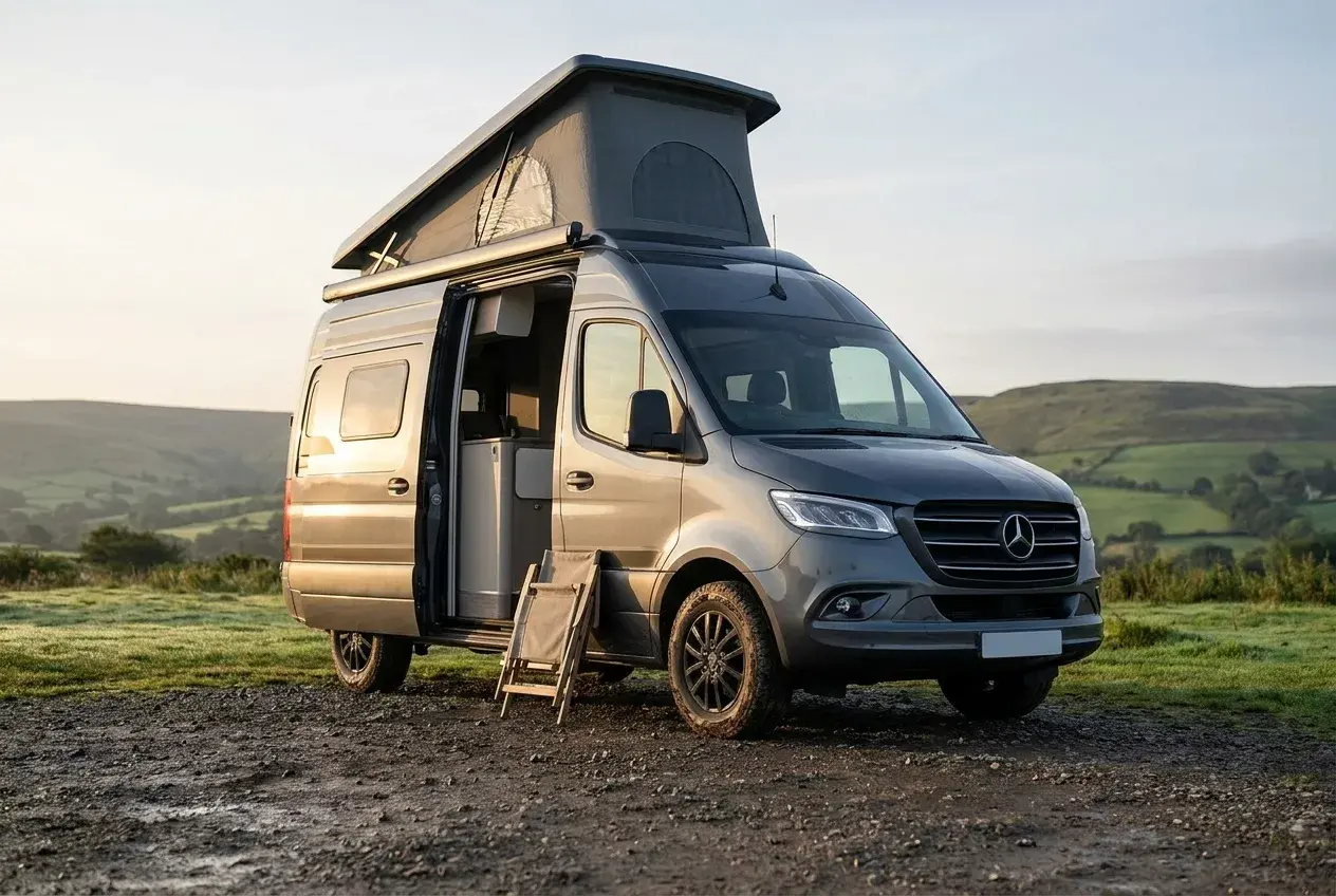 A compact Hymer Grand Canyon S camper van with a raised pop-top roof parked on a gravel pitch in the British countryside at golden hour.