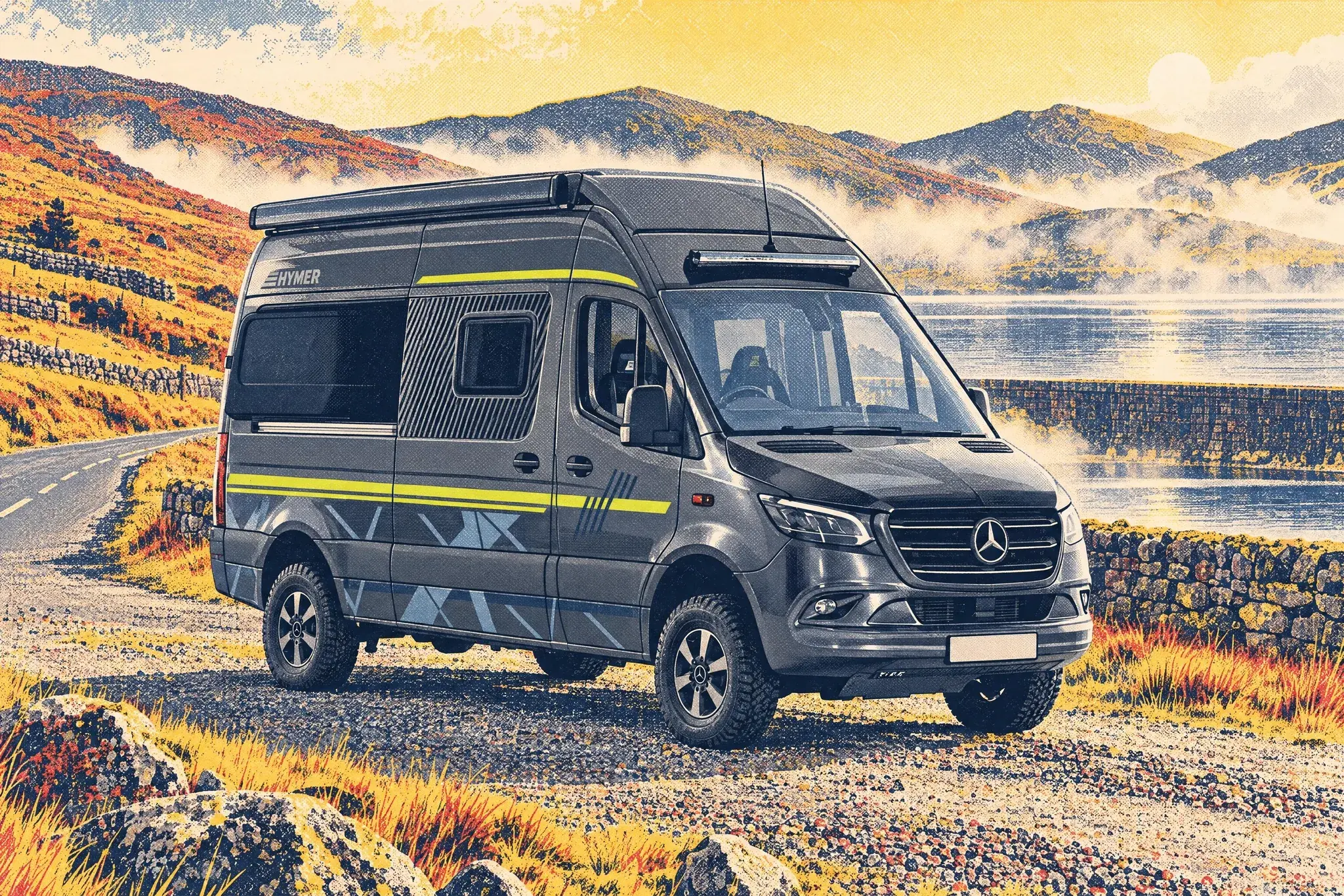 Illustration of a Hymer Grand Canyon S 600 Xperience campervan parked on roadside gravel beside Spelga Dam in the Mourne Mountains as morning mist lifts off the reservoir.