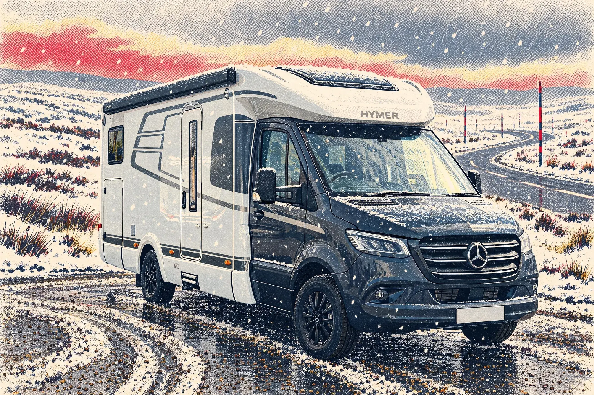 A Hymer GT S 685 low-profile motorhome on a Mercedes Sprinter base stands in a gritted, snowy lay-by on the Glenshane Pass as light snow falls.