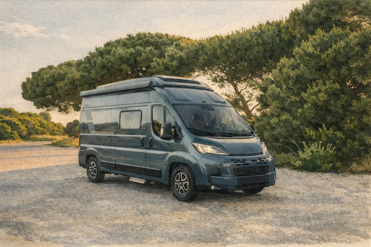 Blue Hymer Redwood campervan parked on gravel with roof rack and side windows visible against forested hillside.