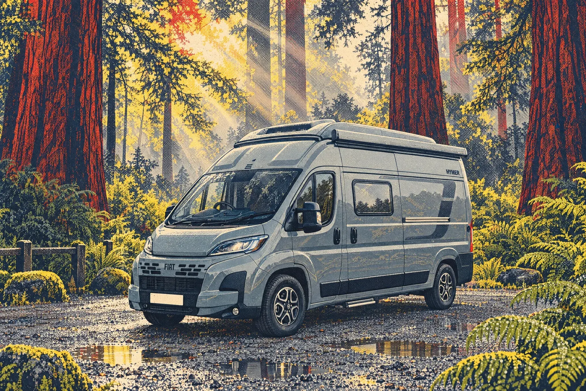 A warm grey Hymer Redwood campervan with its standard fixed high roof parked on wet gravel among the towering trunks and ferns of Leighton Redwood Grove, Powys, in morning mist.