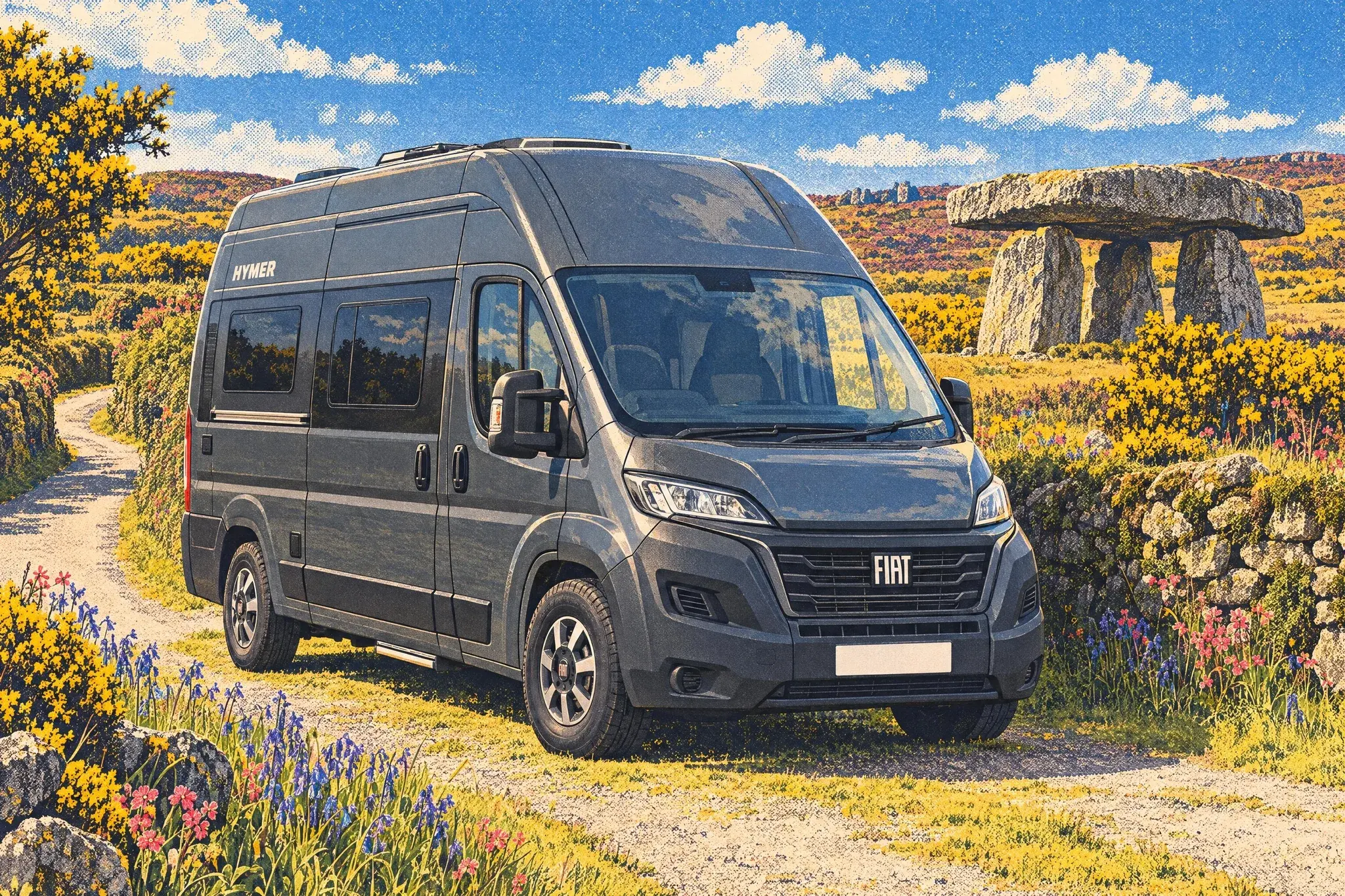 Illustration of a Hymer Yellowstone high-roof Fiat Ducato camper van pulled in on a narrow Cornish lane beside Lanyon Quoit on a sunny May afternoon.