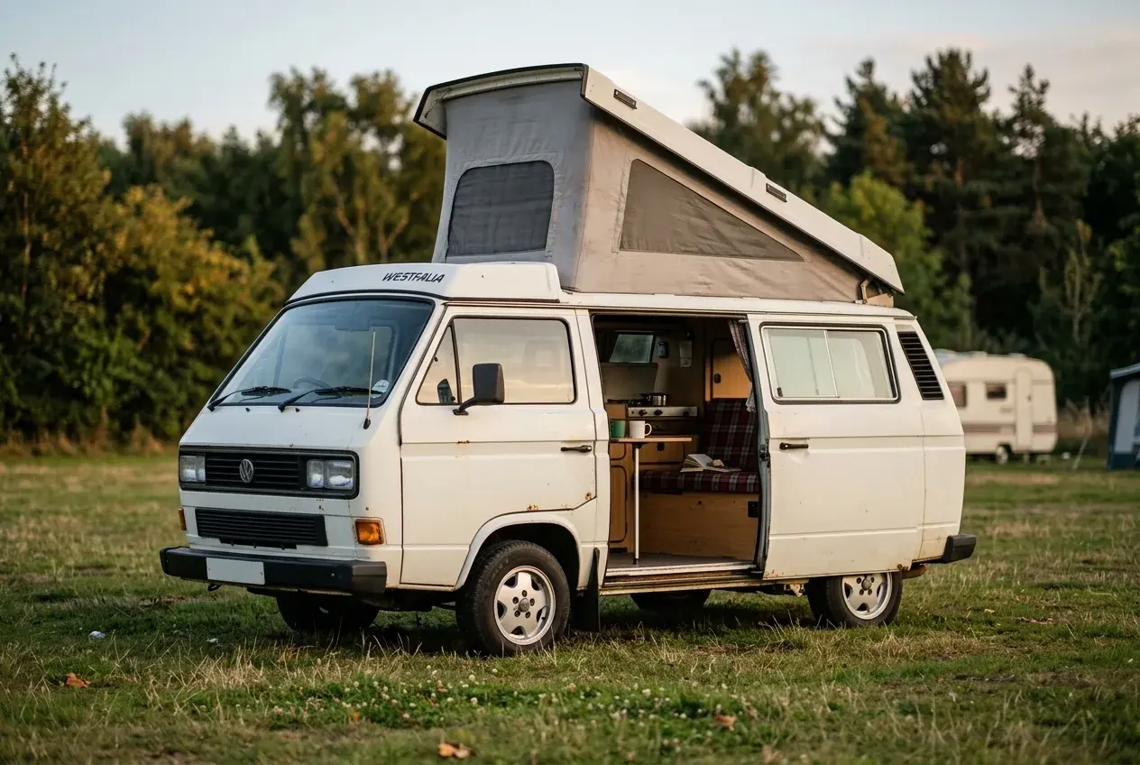 A vintage Volkswagen Westfalia camper with its pop-top roof up and side door open, parked on a grassy campsite in warm evening light.