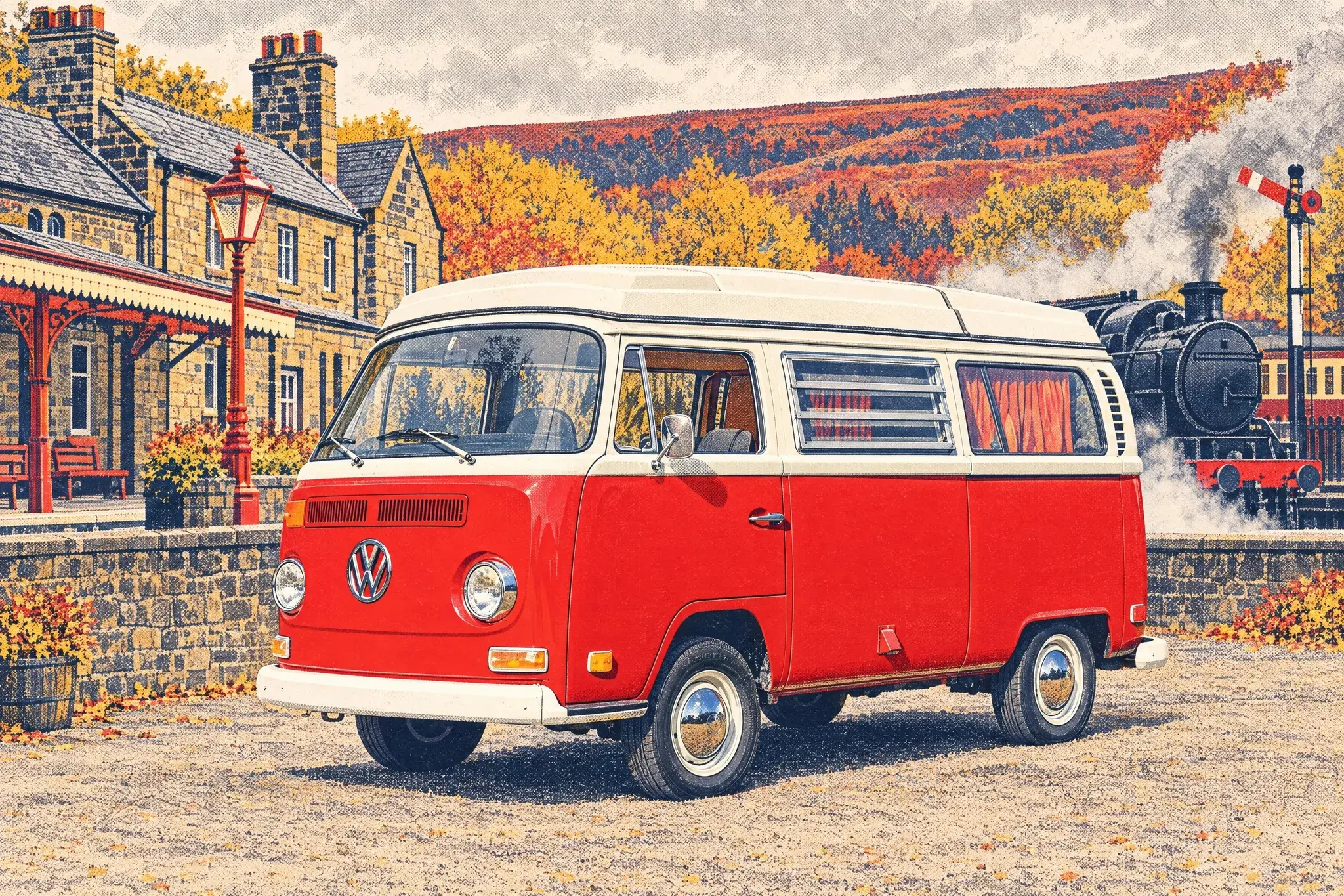 A 1970s VW Bay window Westfalia camper parked side-on in Goathland station yard as steam drifts from a locomotive at the platform on a grey October afternoon.