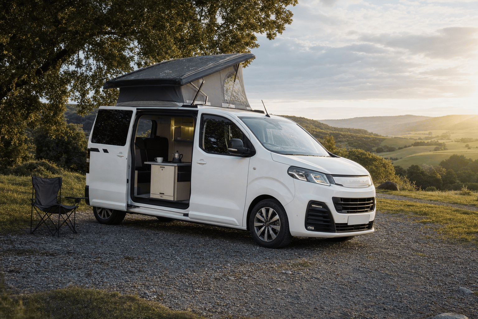 A compact modern campervan parked on a gravel pitch at golden hour with its side door open, set against rolling green UK countryside.