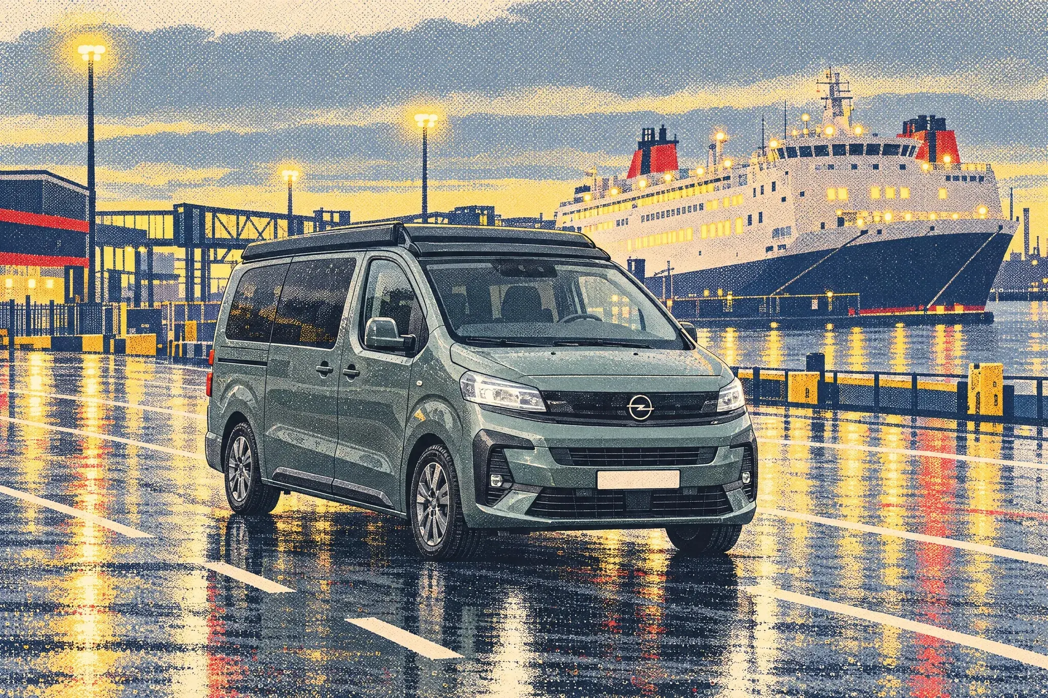 Illustration of a left-hand-drive Crosscamp EXPLR pop-top camper on an Opel Zafira, alone in a floodlit North Shields ferry lane at a drizzly dawn with a white ferry behind.