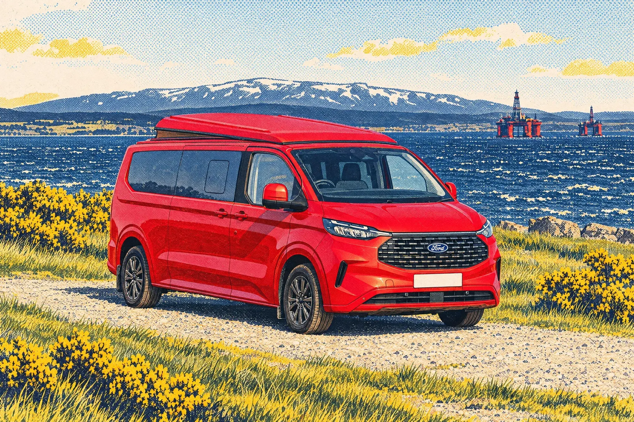 A Jerba Cromarty pop-top campervan on a Ford base by the Cromarty Firth in spring sunshine, with oil rigs at anchor and snow-streaked Ben Wyvis beyond.