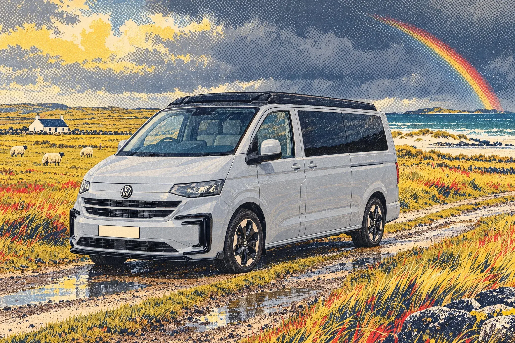 A Jerba Tiree 4Motion pop-top camper on a VW Transporter T7 stands on a wet sandy machair track on Tiree as a squall clears and a rainbow arcs over the sea.
