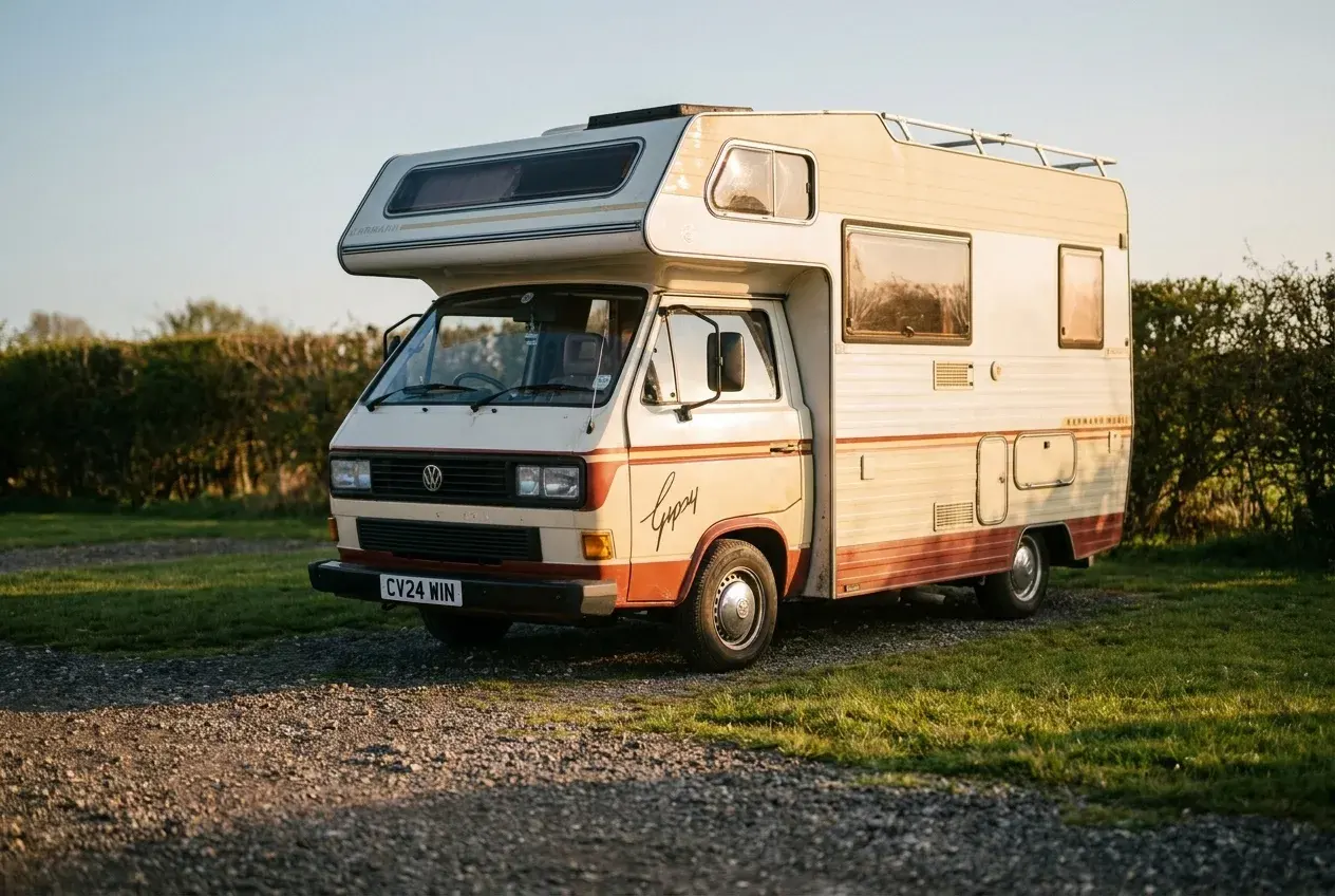 A 1980s Karmann Gipsy coachbuilt VW T25 motorhome with an over-cab bed parked on a quiet British campsite in warm evening light.