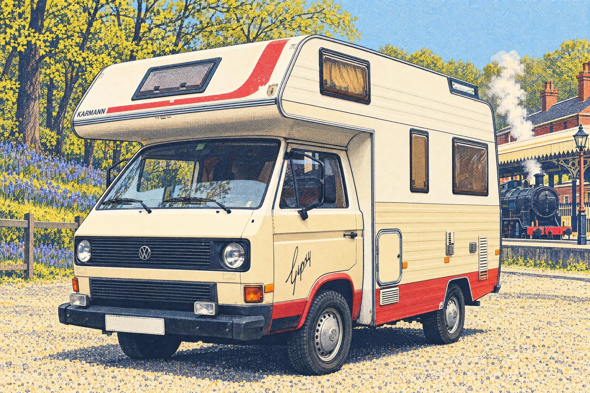 Illustration of a classic VW T25 Karmann Gipsy coachbuilt motorhome with its over-cab Luton, parked by a heritage steam railway station among spring bluebells.