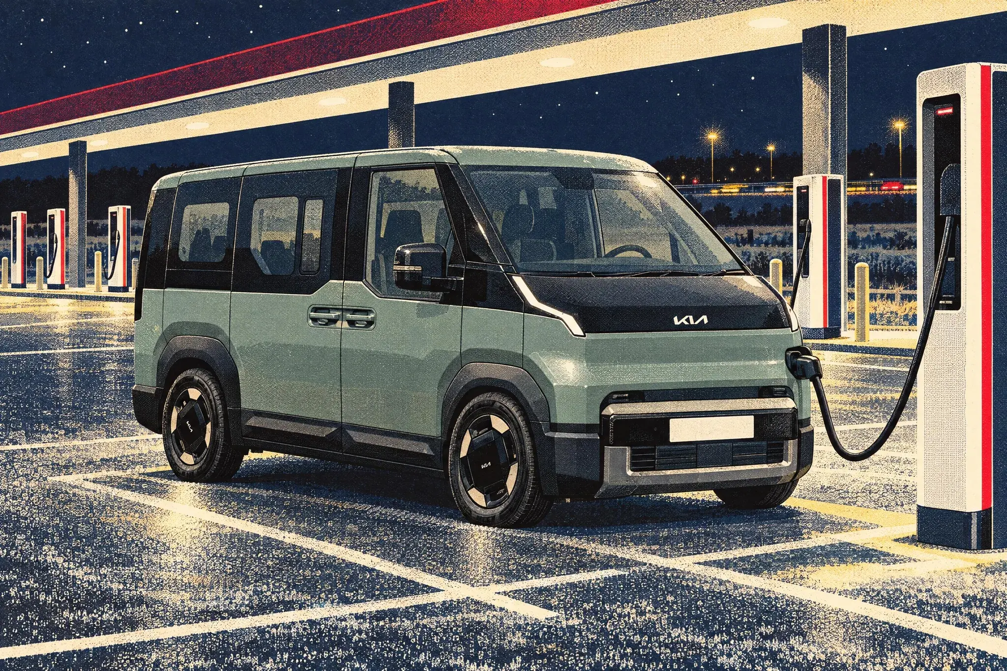 Illustration of a Kia PV5 Passenger electric van charging alone under a brightly lit canopy at a frosty motorway charging hub in Banbury on a clear January night.