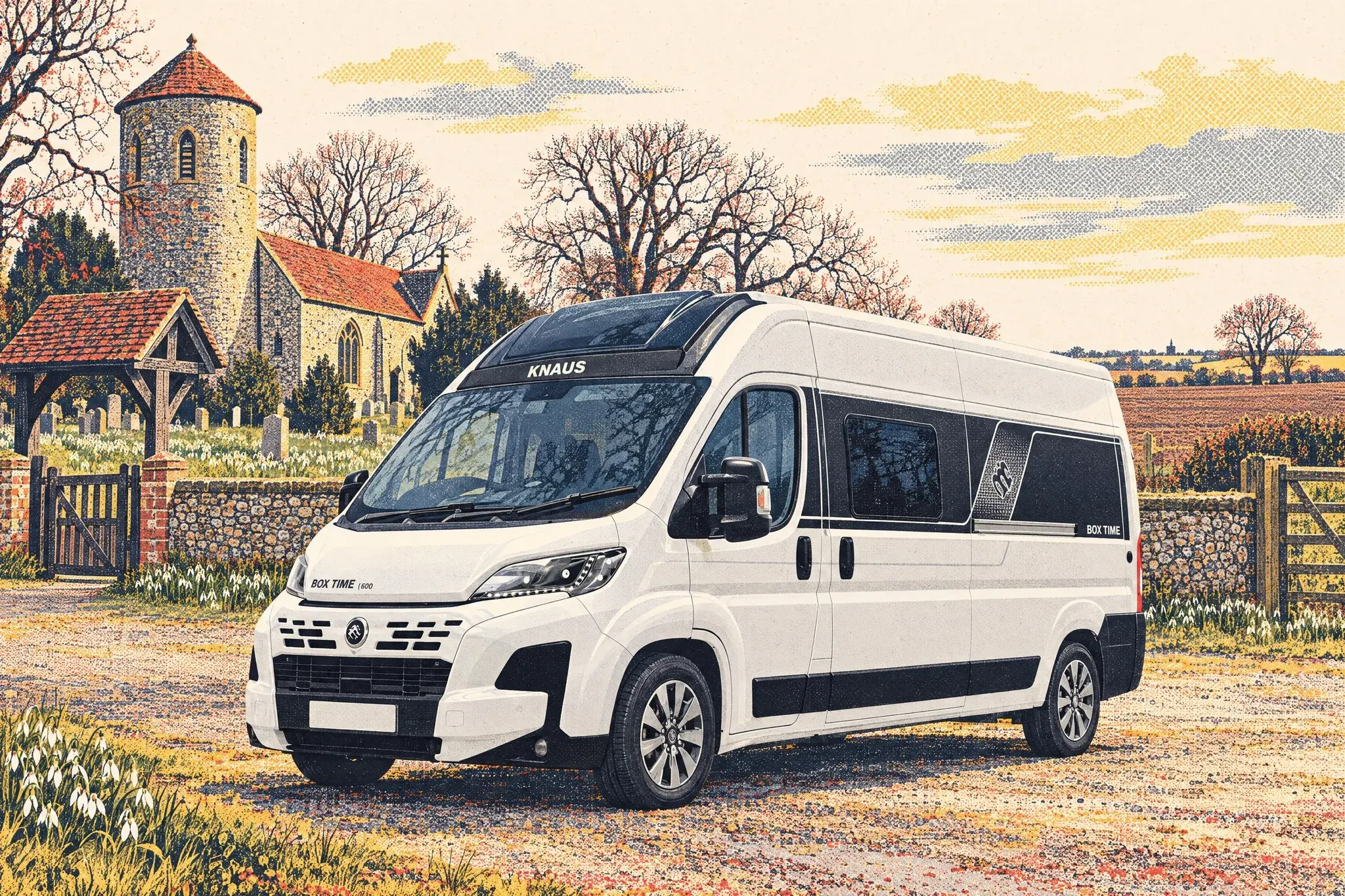 Illustration of a 2027 Knaus Boxtime 600 ME camper van on a Fiat Ducato, parked by a flint round-tower church amid snowdrops on a quiet Norfolk lane.