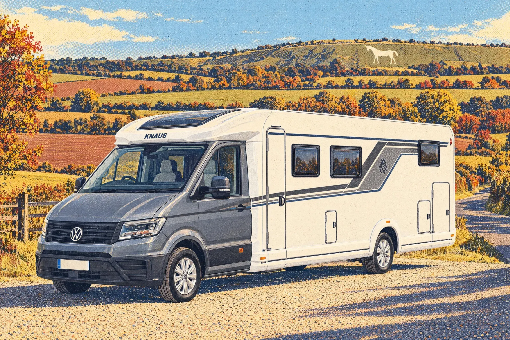 Illustration of the 2027 Knaus Sky TI VW low-profile motorhome on its Volkswagen Crafter base, parked beside a Wiltshire lane below the Westbury White Horse on an autumn afternoon.