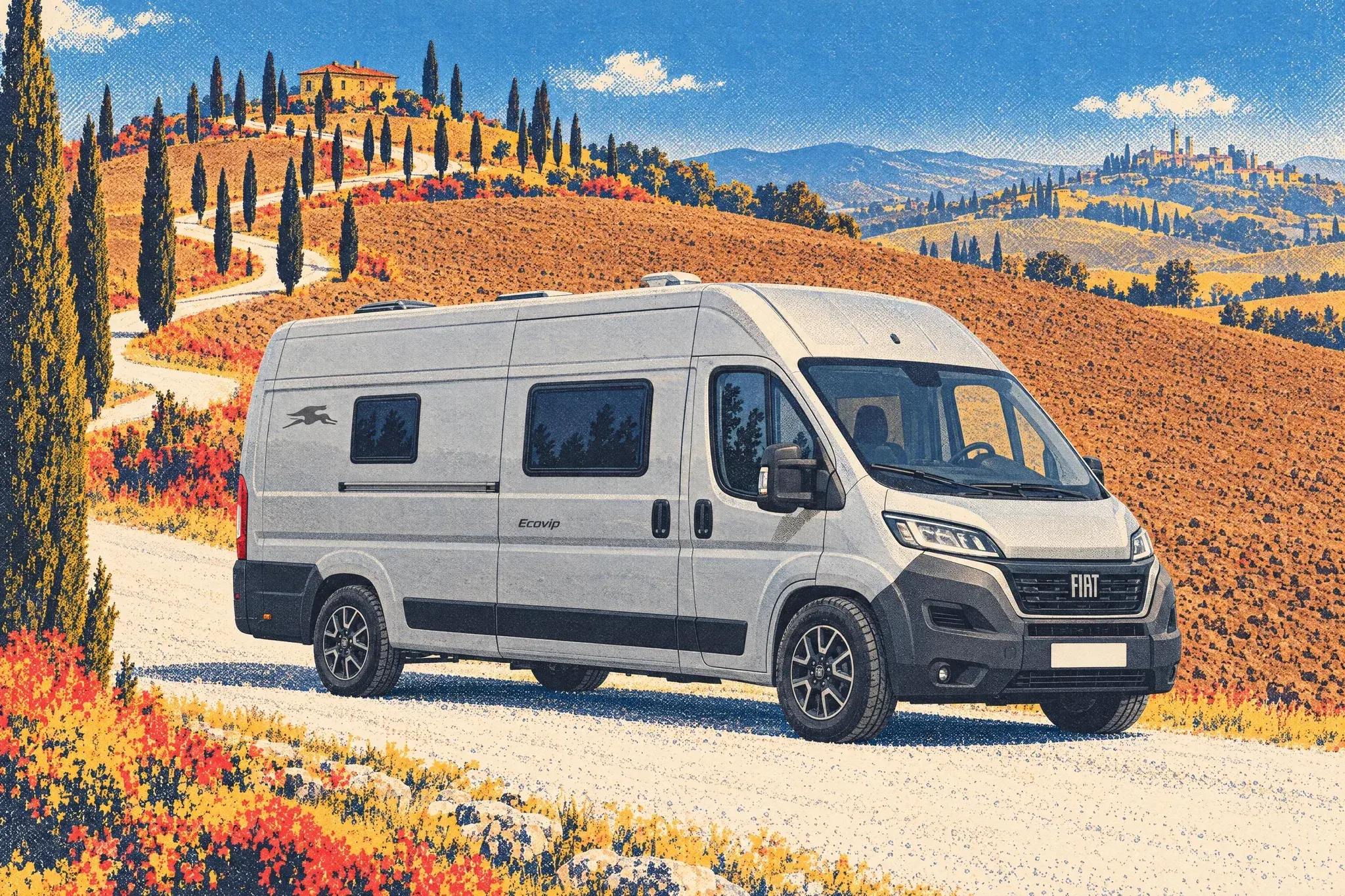 A Laika Ecovip Evoluzione 600 campervan on a Fiat Ducato, parked on a white gravel road below cypress-lined zig-zag bends in the Tuscan hills on a sunny October morning.