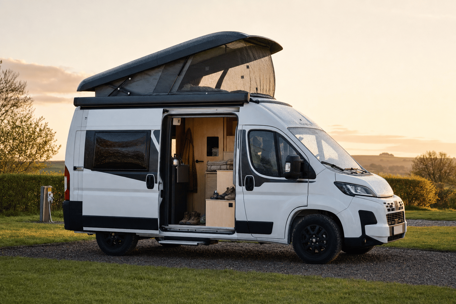 A compact Sunlight Vanlife 540 campervan parked on a grassy UK campsite pitch at golden hour with its side door open showing a lived-in interior.