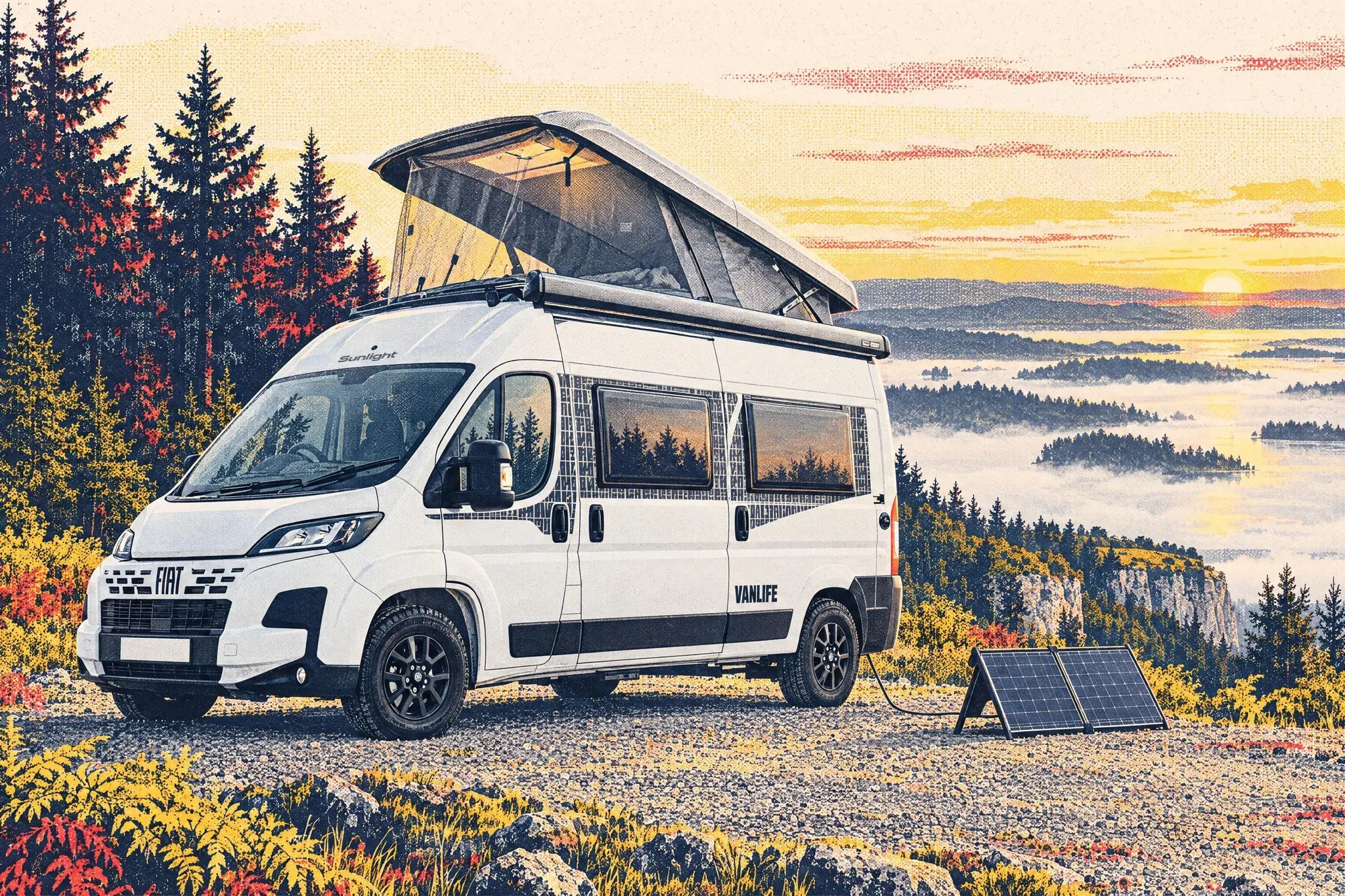 A Sunlight Vanlife 540 V campervan with its pop-top raised at a misty forest viewpoint above Lower Lough Erne at dawn, a folding solar panel set out beside it.
