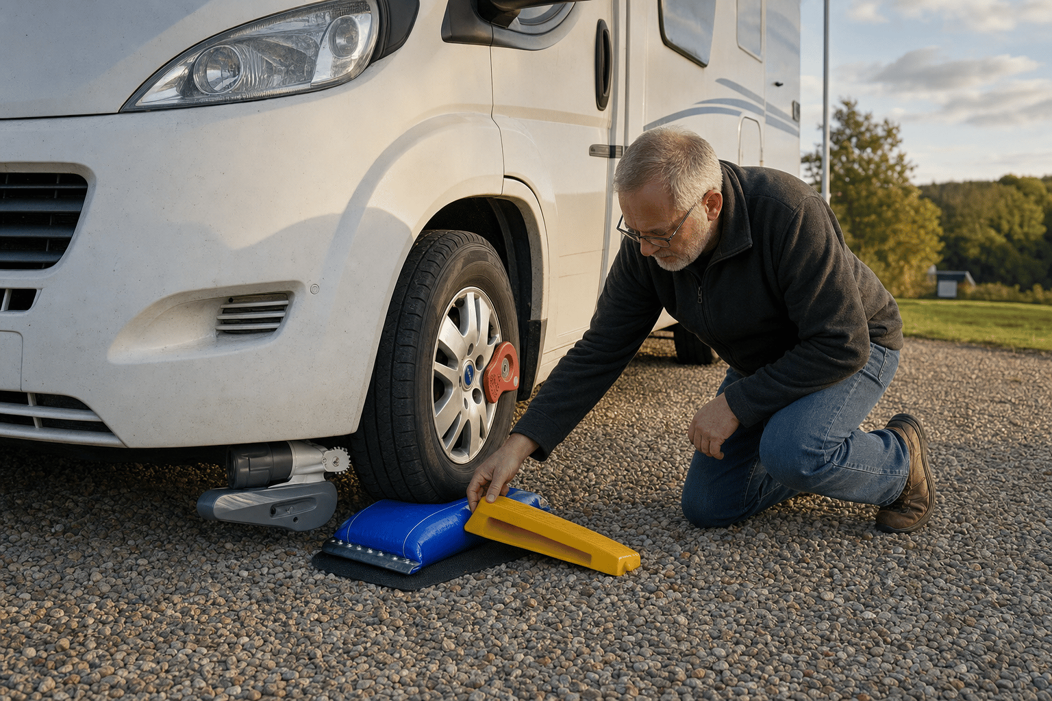 A Lock'n'Level levelling ramp and chock being placed under a campervan's front wheel on a gravel campsite pitch in soft evening light.