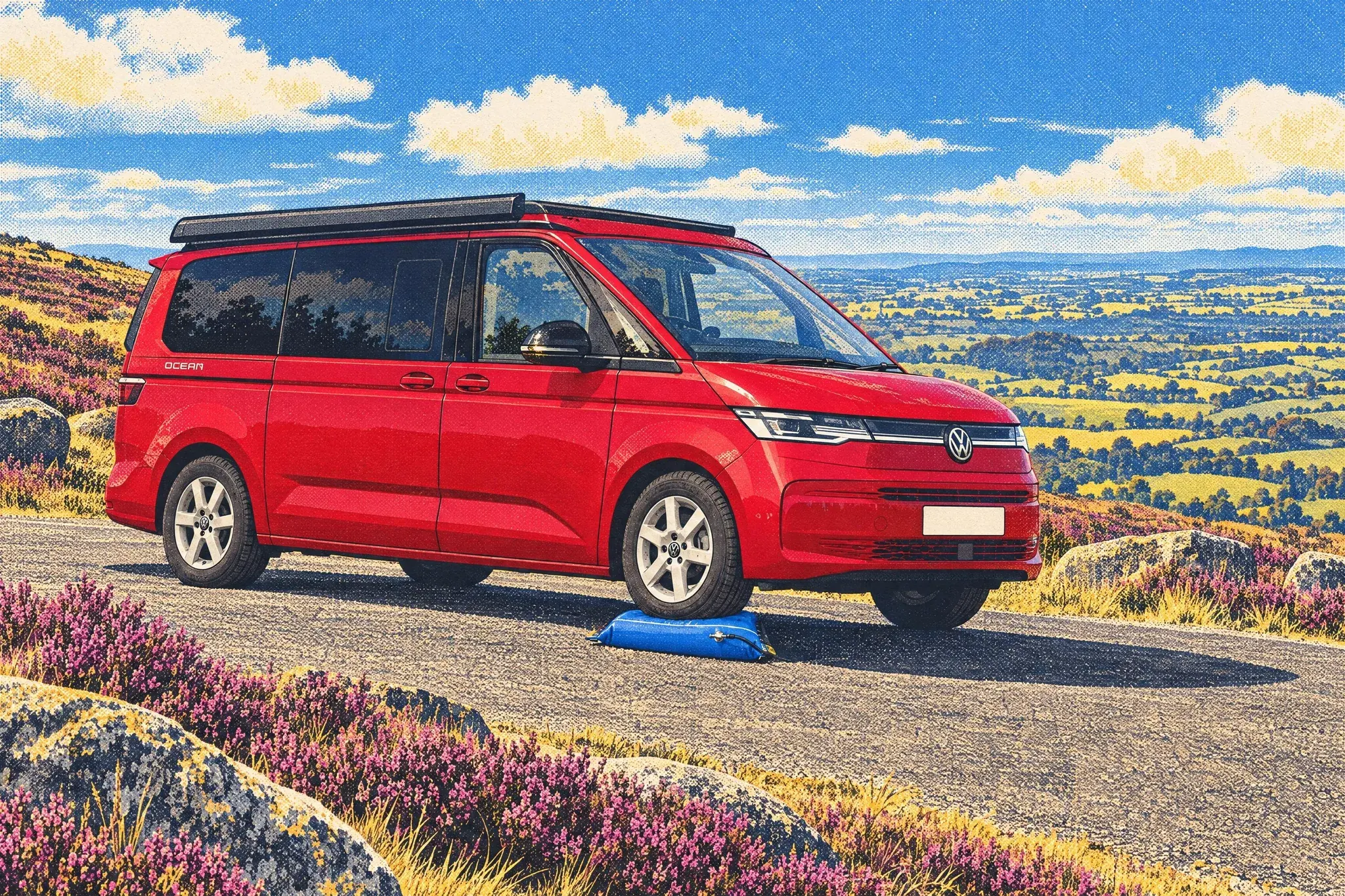 A VW California campervan on a sloping summit car park in Slieve Gullion Forest Park, its front wheel lifted level on an inflated Lock'n'Level air bag.