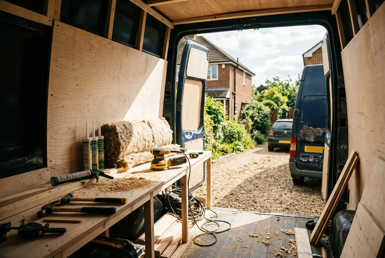 A part-finished campervan interior with raw birch plywood panels, insulation and adhesive tubes laid out, lit by bright daylight through the open side door.