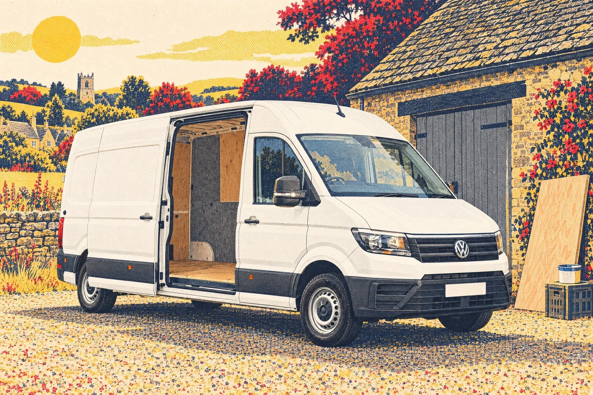 A high-roof VW Crafter van parked by a Cotswold stone barn on a hot summer day, its side door open showing carpet-wrapped plywood panels airing out.