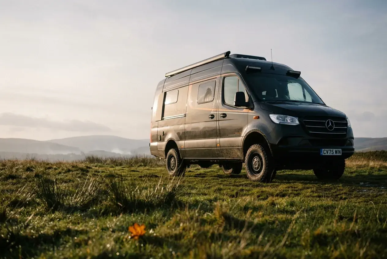 A high-top Mercedes-based campervan with all-wheel drive parked on a remote gravel track at dusk.