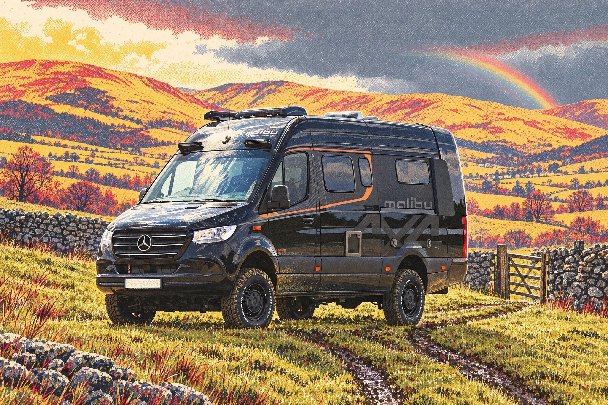 A Malibu Genius Performance 4x4 camper on a Mercedes Sprinter base climbs a rain-soaked hill-farm field near Sedbergh, the Howgill Fells and a faint rainbow behind.