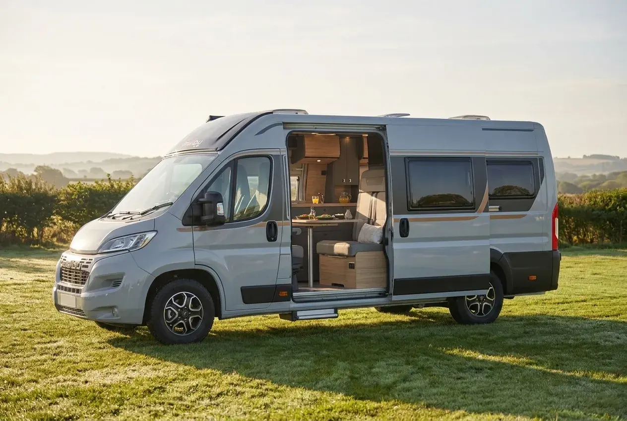 A compact white Malibu camper van parked on a grassy UK campsite at golden hour with its side door open showing the wooden interior.