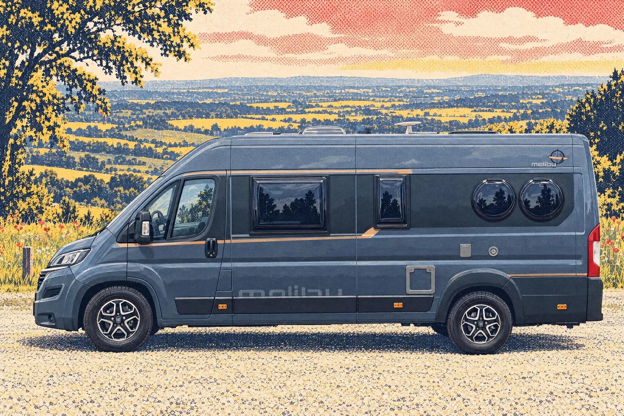 A Malibu Van first class two rooms high-roof campervan in side profile at the Box Hill summit car park in Surrey, the hazy Weald stretching away behind it.