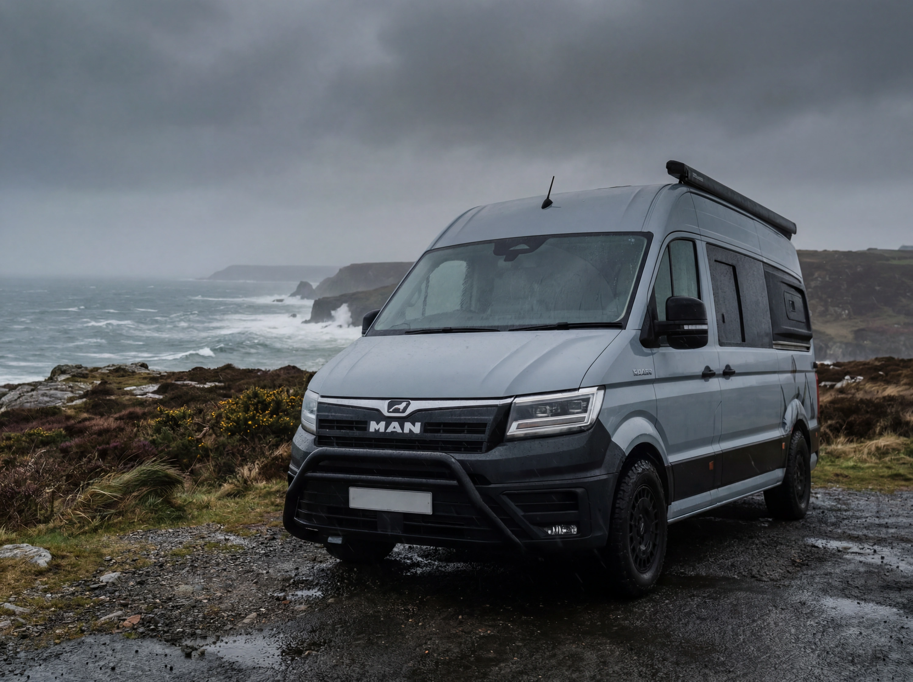 Silver MAN campervan with roof rack parked on coastal gravel overlook, dramatic cliffs and ocean waves visible behind.