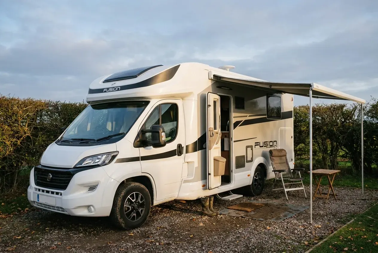 A white Italian A-class motorhome parked on a gravel pitch at a UK campsite in golden evening light, with an open door and a chair beside it.