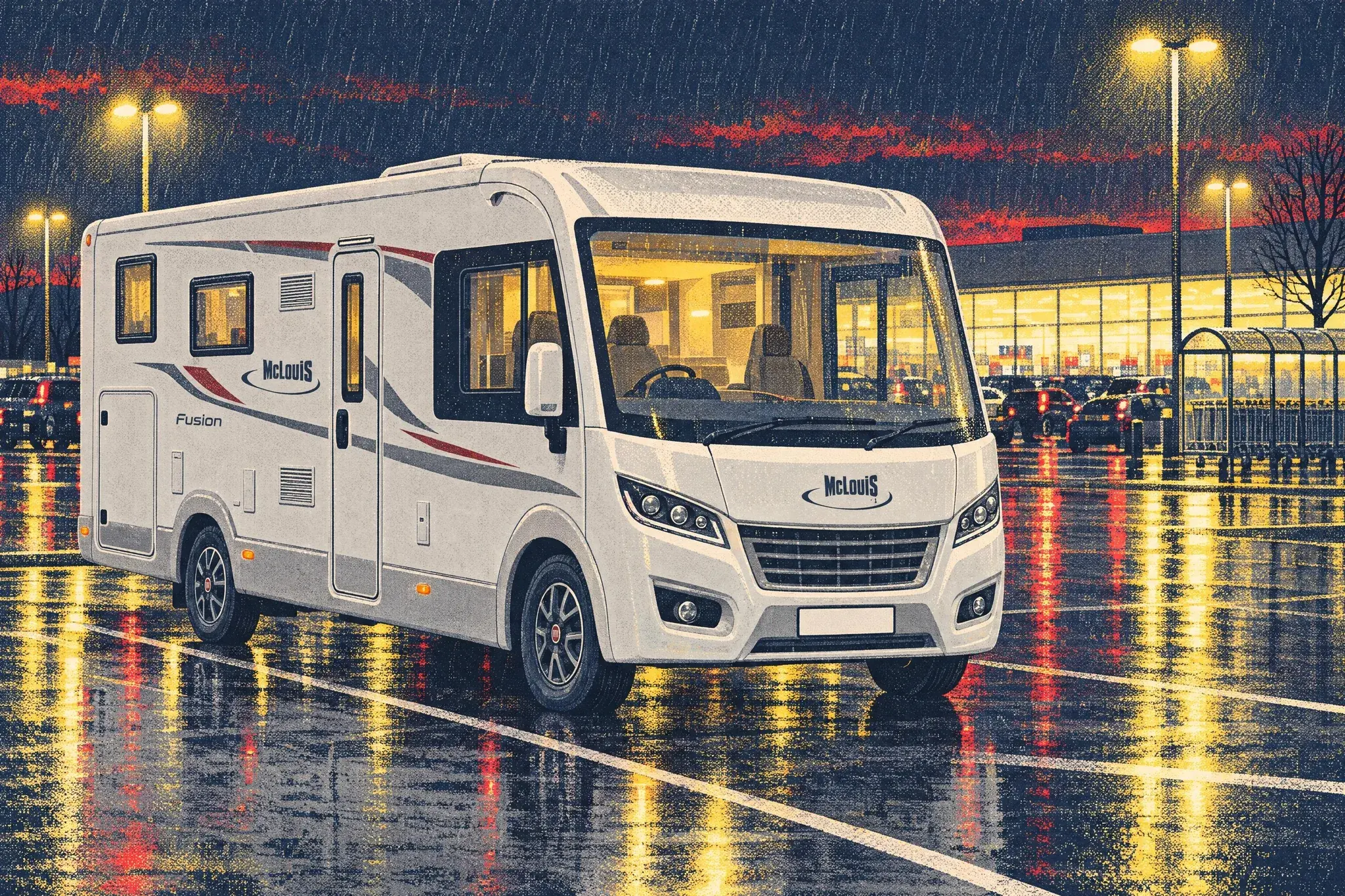 A McLouis A-class motorhome in a long-vehicle bay at a rain-soaked retail park supermarket car park after dark, store lights shimmering on the wet tarmac.
