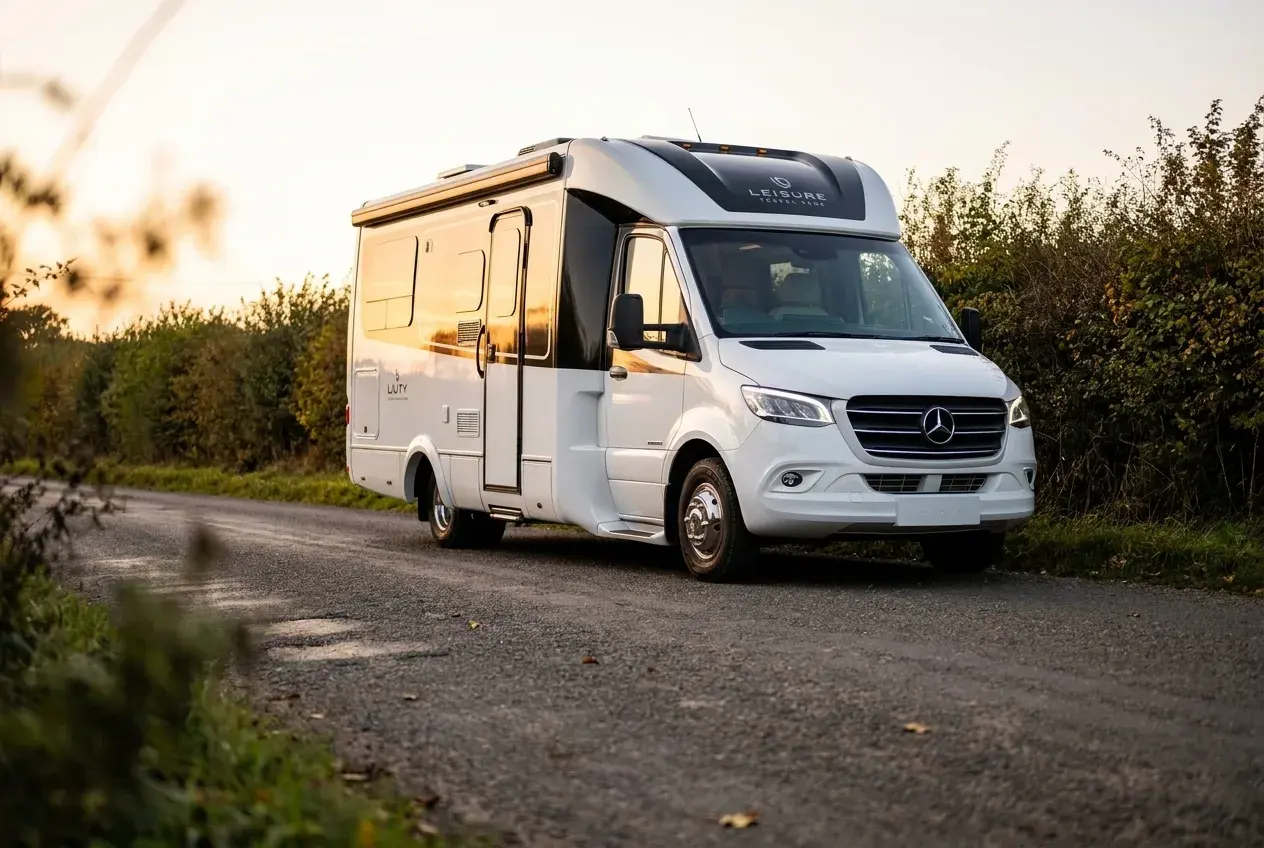 A coachbuilt motorhome built on a lowered Mercedes Sprinter chassis, parked on a quiet country lane in warm evening light, seen from a low side angle.