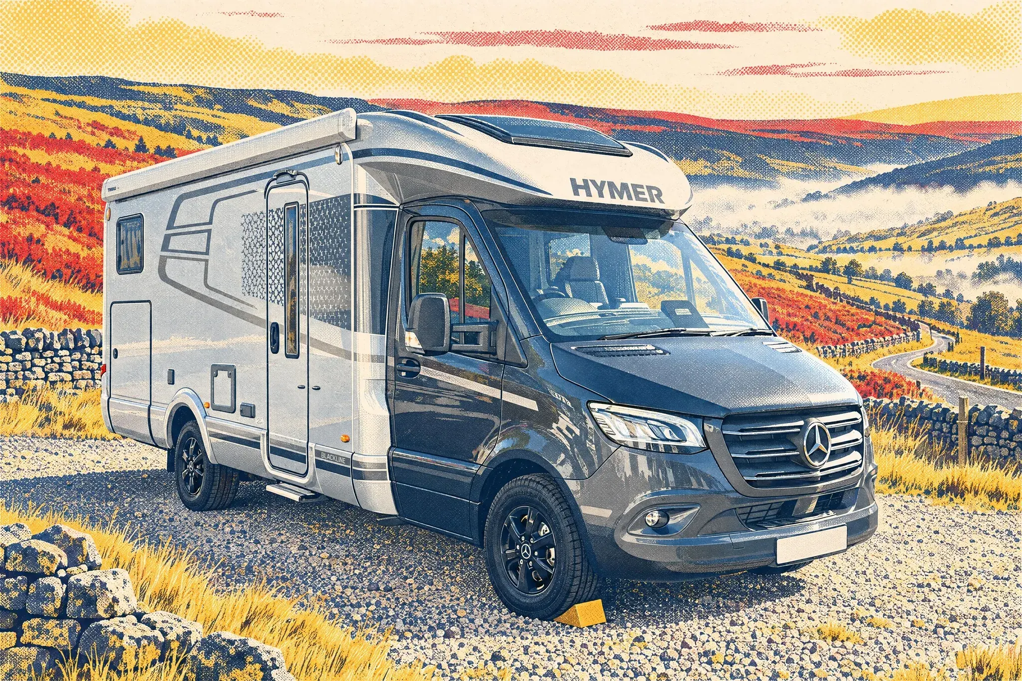 Illustration of a Hymer B-MC T low-profile motorhome on a Mercedes Sprinter parked in a lay-by on the Buttertubs Pass, Yorkshire Dales, on an autumn morning.