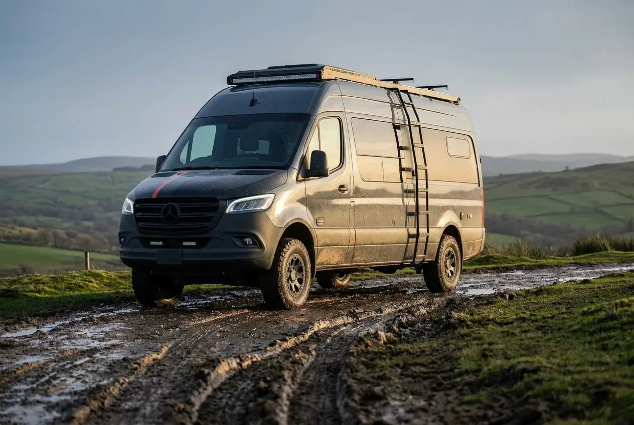 A Mercedes Sprinter 4x4 campervan parked on a muddy rutted track beside a hillside campsite in soft evening light.