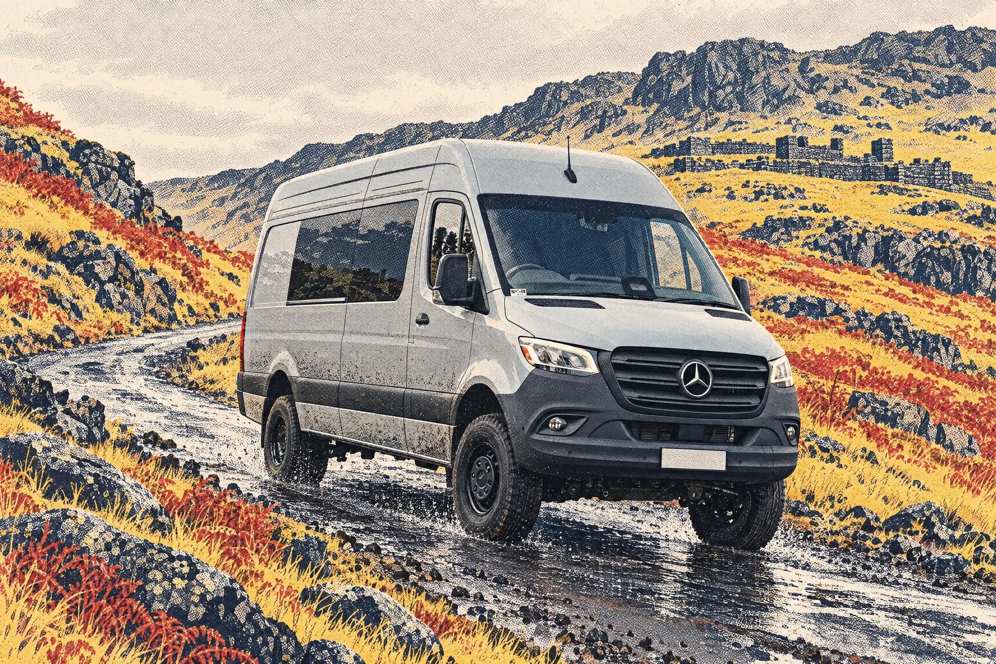 A high-roof Mercedes-Benz Sprinter 4x4 campervan climbs the steep, rain-soaked single-track Hardknott Pass in Cumbria under grey skies, with crags and Roman fort ruins behind.