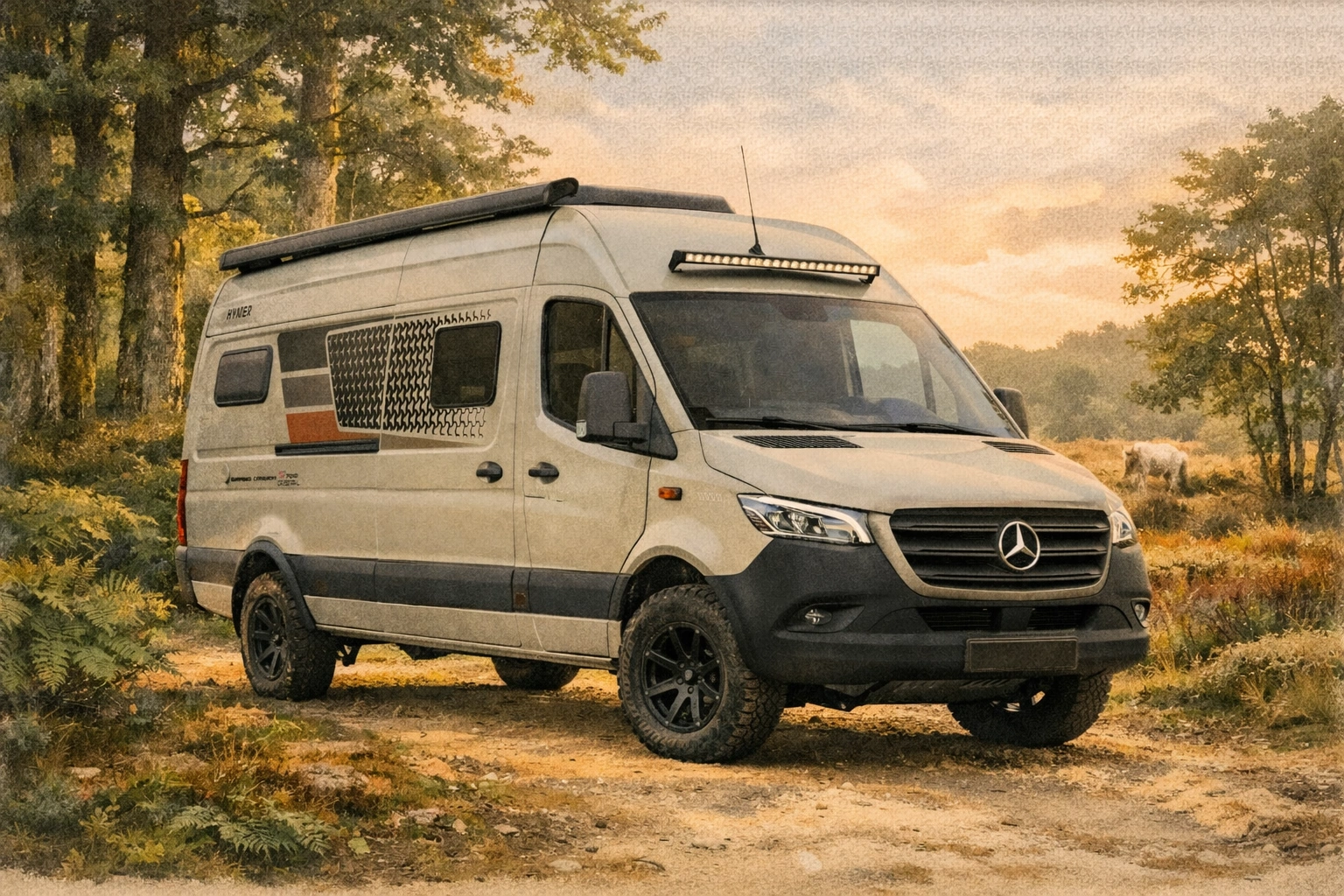 Mercedes-Benz Sprinter campervan parked on woodland track with roof rack and LED light bar visible.