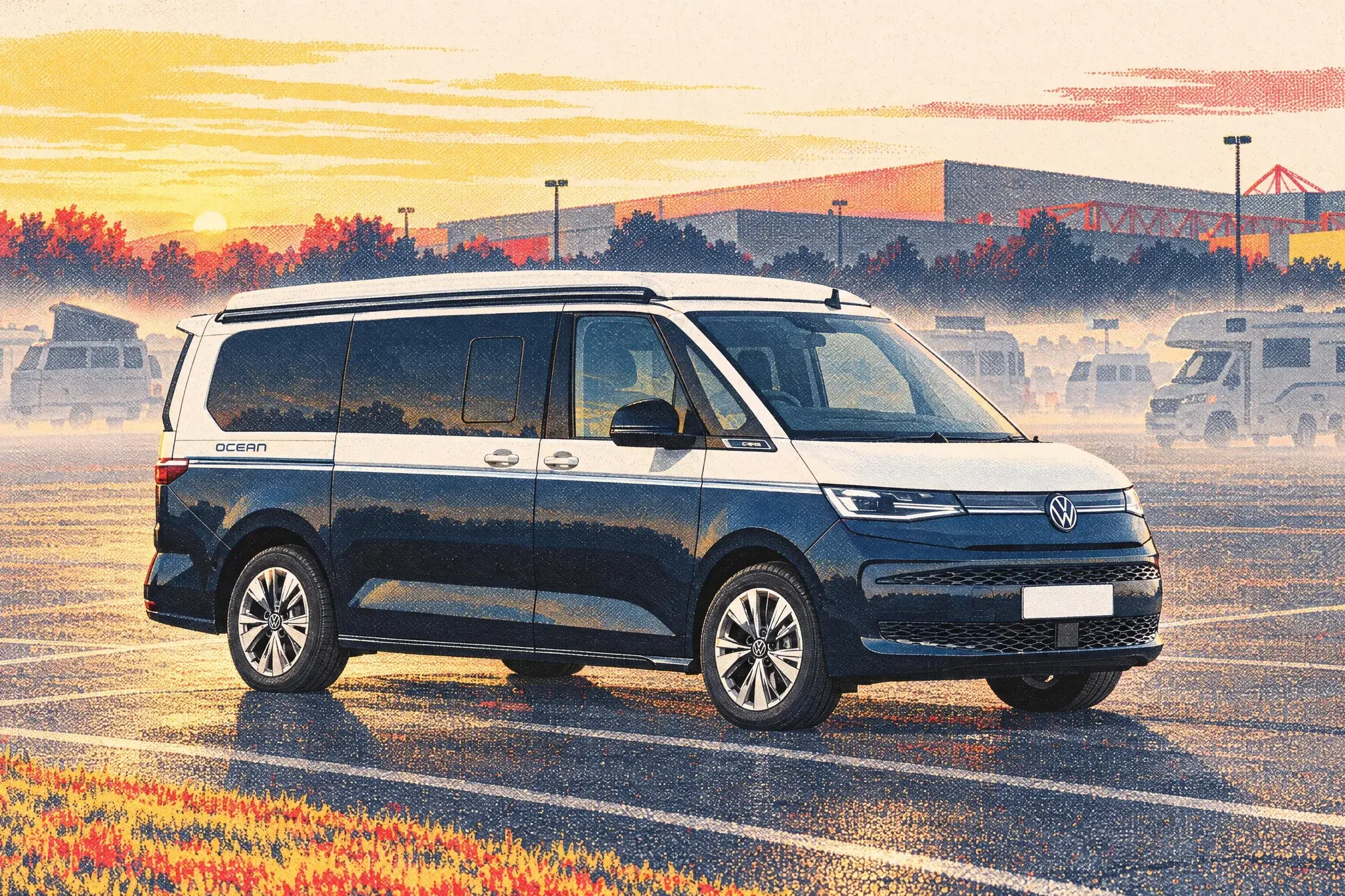A VW California Ocean campervan on its pitch at the NEC's temporary show campsite at sunrise, with mist over the car park and exhibition halls beyond.