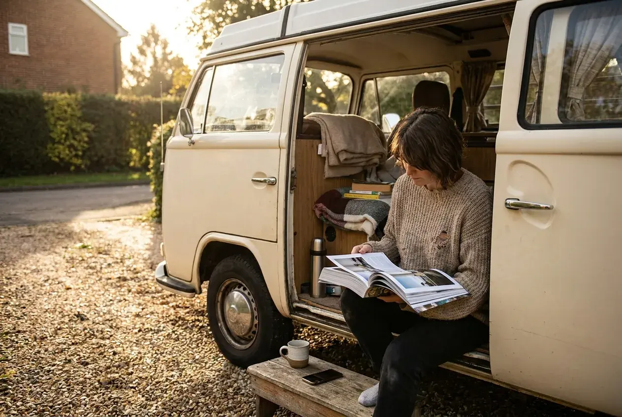 A person sits in a campervan's open side door reading a motorhome magazine with a phone and mug nearby on a driveway in evening light.