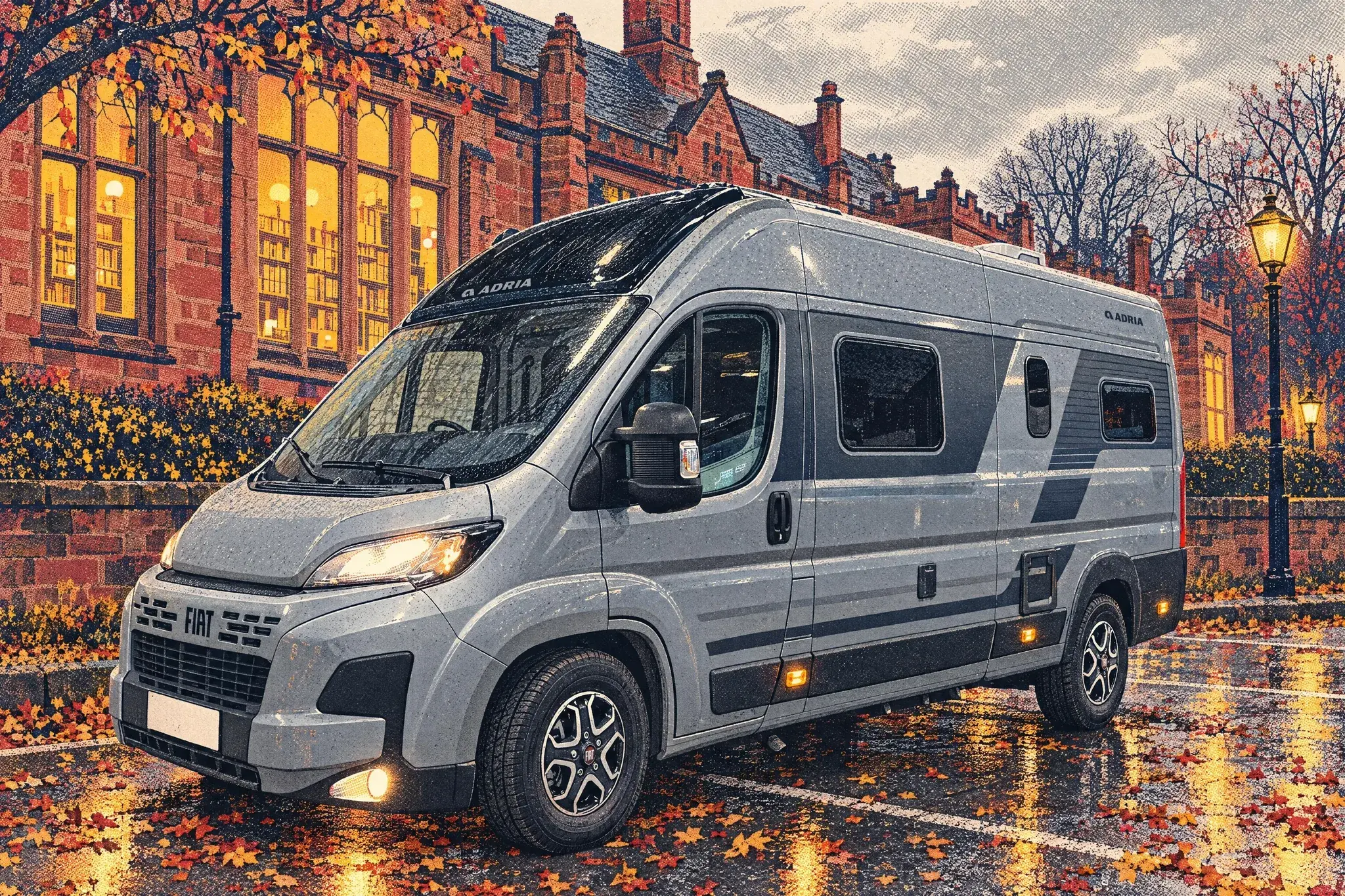An Adria Twin Supreme campervan parked on wet, leaf-strewn tarmac beside the lit windows of Gladstone's Library, Hawarden, on a drizzly November afternoon.