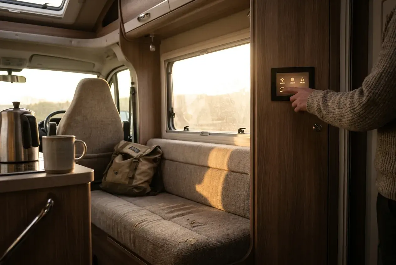 A hand reaching to tap a glowing touchscreen control panel mounted on the wall inside a modern motorhome, with soft daylight and lived-in interior detail.