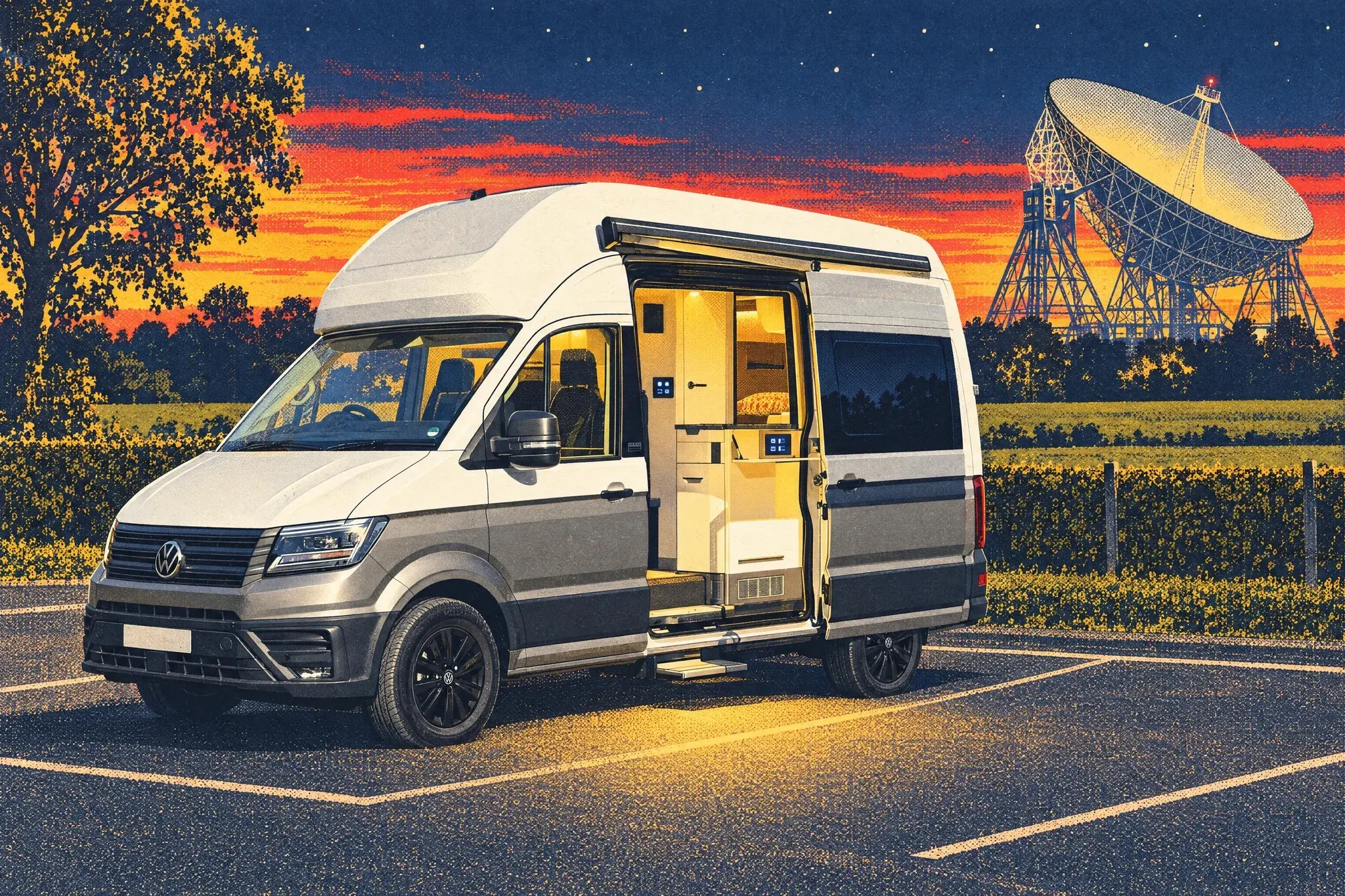 Illustration of a VW Grand California at dusk in the Jodrell Bank car park, its sliding door open on a glowing touchscreen panel, with the Lovell Telescope dish behind.