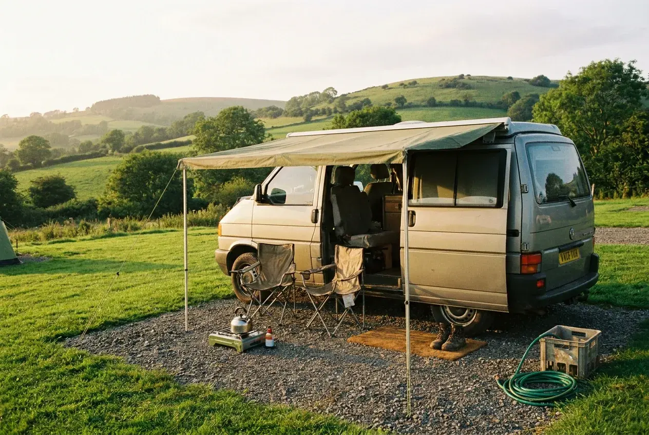 A modest, well-used motorhome parked on a quiet UK campsite at golden hour with an awning, folding chairs and a small camping stove.
