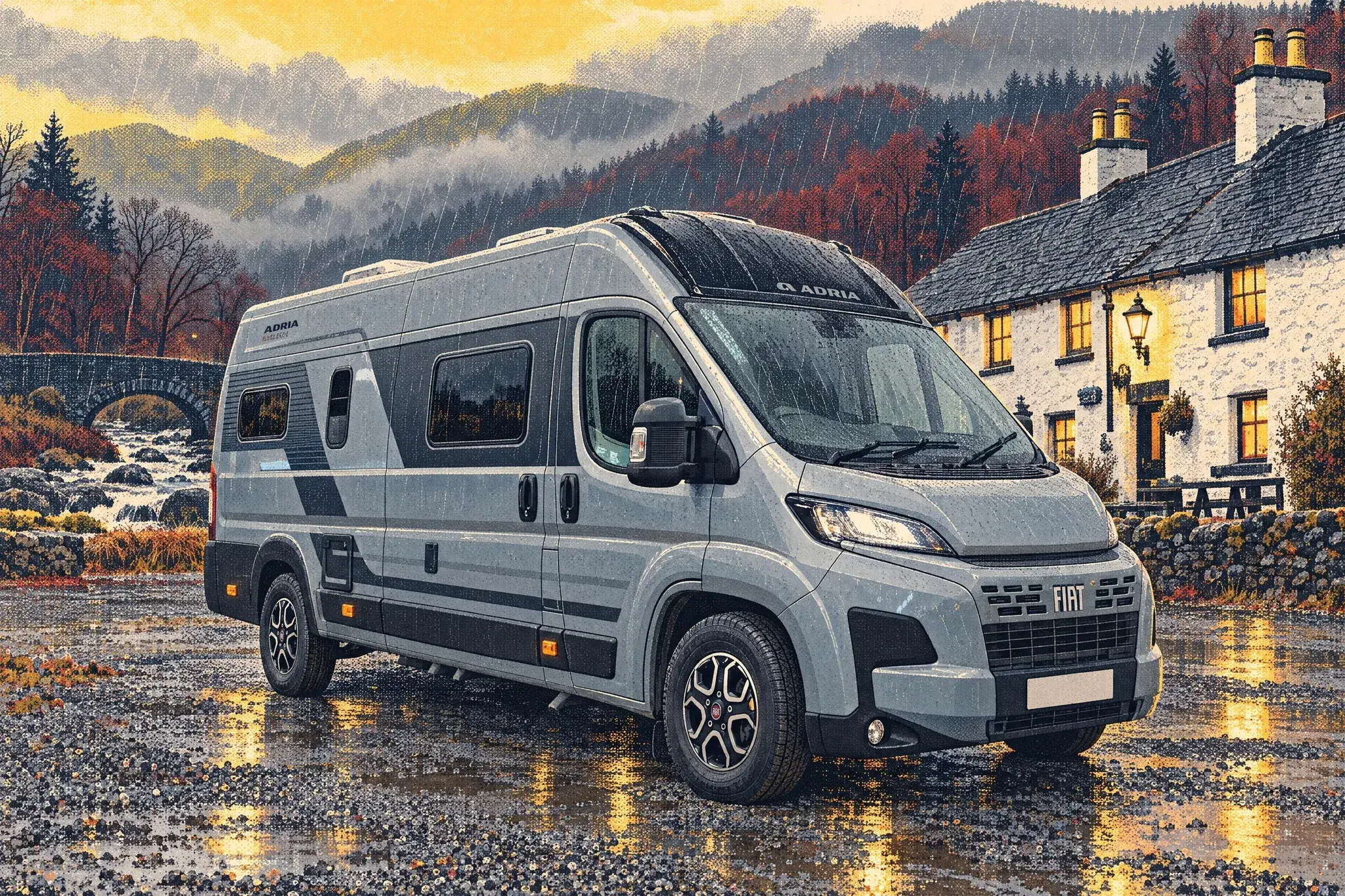 An Adria Twin Supreme campervan parked on wet gravel beside the whitewashed Drovers Inn at Inverarnan at a rainy December dusk, the inn's windows glowing warm.