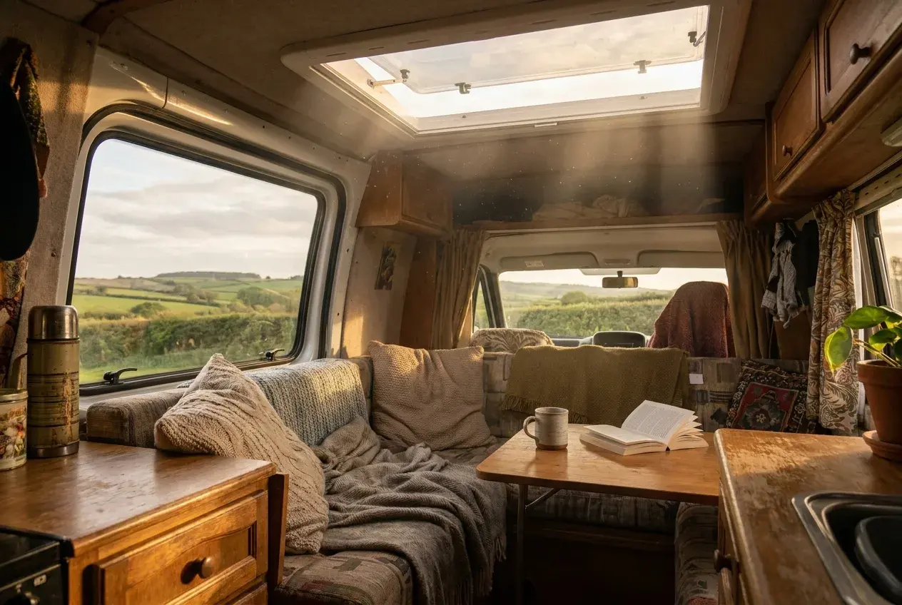 Sunlit campervan interior with a large open rooflight and side window letting daylight onto a lived-in seating area with cushions and a mug.