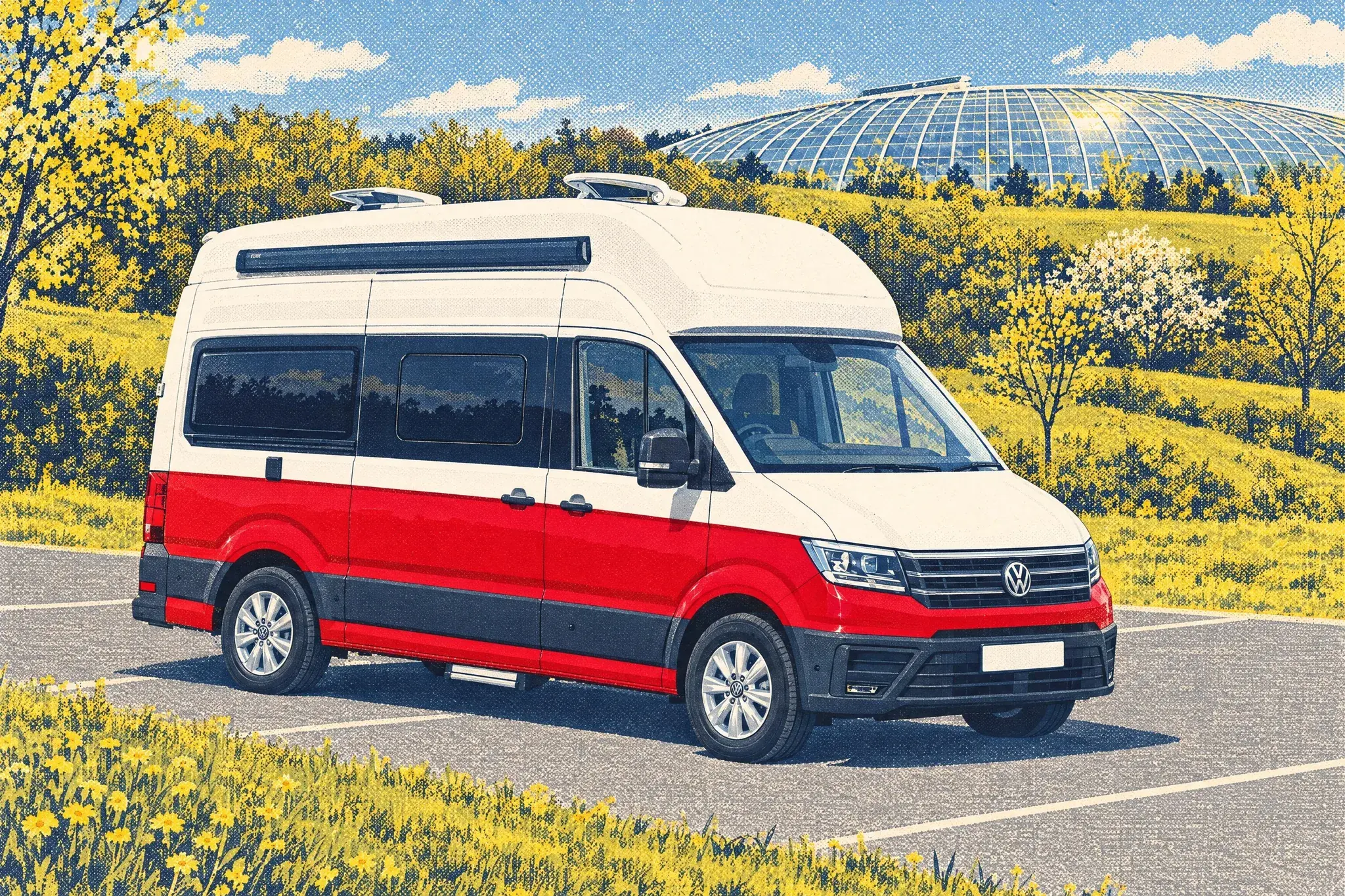 A Volkswagen Grand California camper van with its rooflights tilted open, parked below the glass dome of the National Botanic Garden of Wales on a sunny spring day.