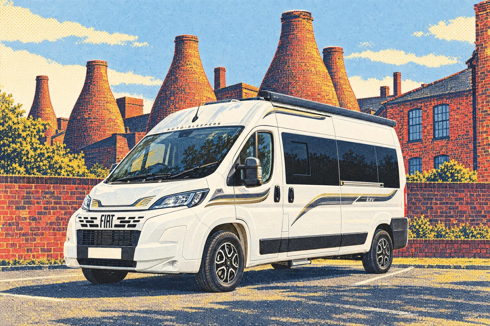 A white Auto-Sleepers Warwick XL LXV campervan on a Fiat Ducato base, parked beside the brick bottle kilns of a Stoke-on-Trent pottery museum on a clear October morning.