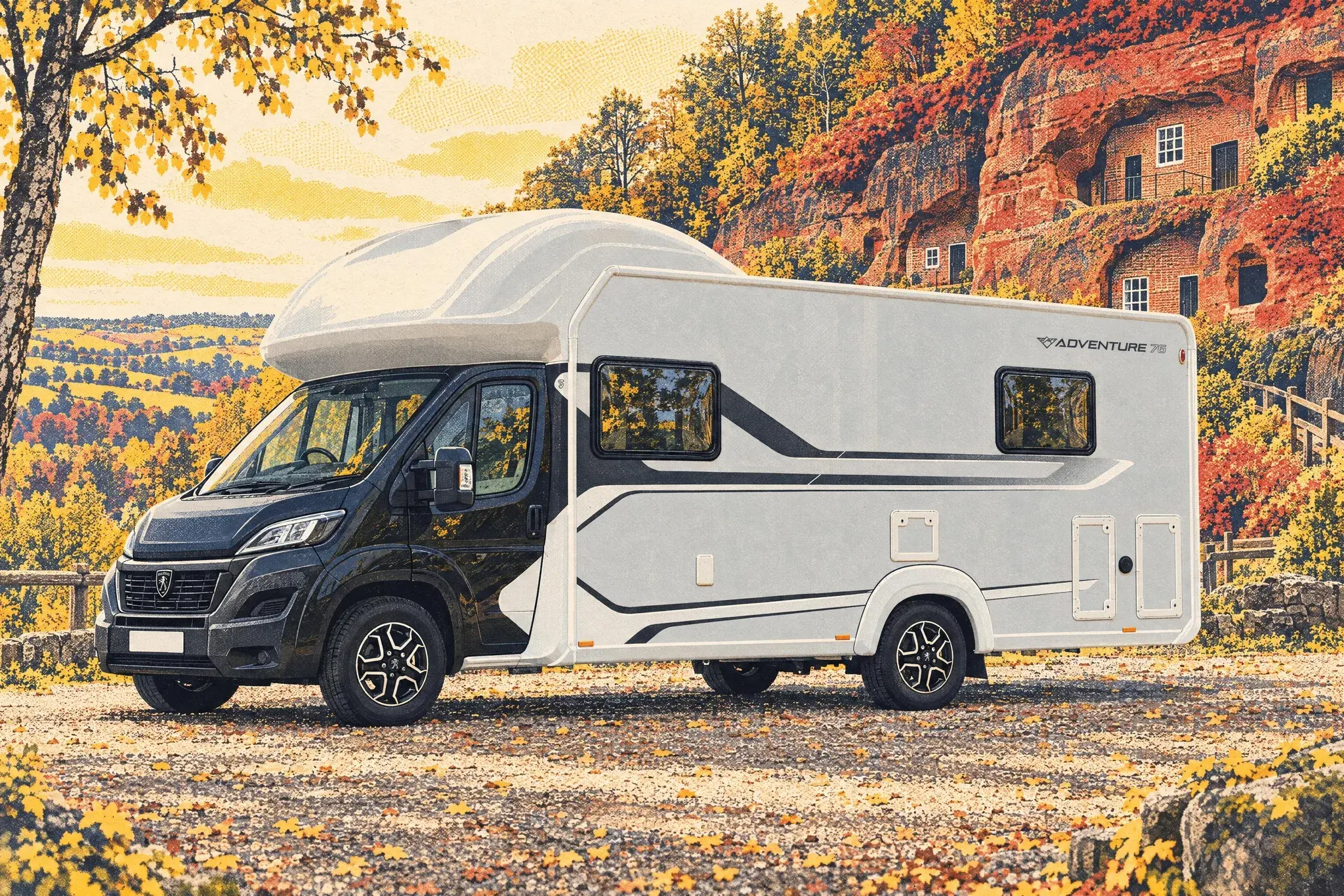 A brand-new Auto-Trail Adventure overcab motorhome parked below the red sandstone Rock Houses at Kinver Edge on a mild, hazy October morning.
