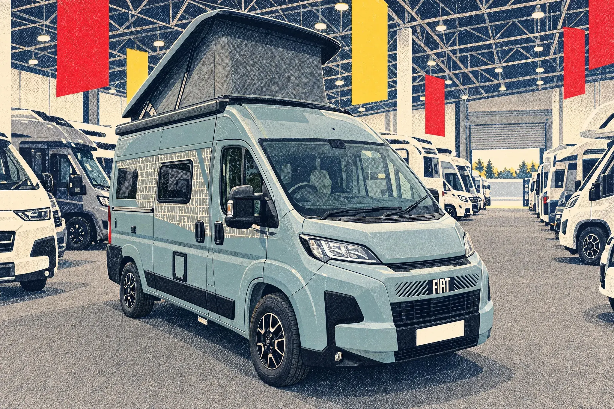 Illustration of a Sunlight Vanlife 540 V campervan on a grey-carpeted aisle in an empty NEC Birmingham hall before opening, with rows of new vans behind.
